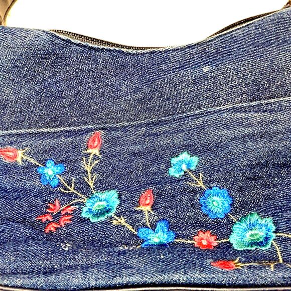 1970s 10X7 8 Pkt Croft & Barrow Denim Jean Embroidered Floral Shoulder Bag Purse - Picture 7 of 7
